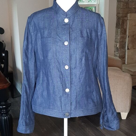 Company Ellen Tracy Blue Linen Button Down Shirt - Picture 1 of 8